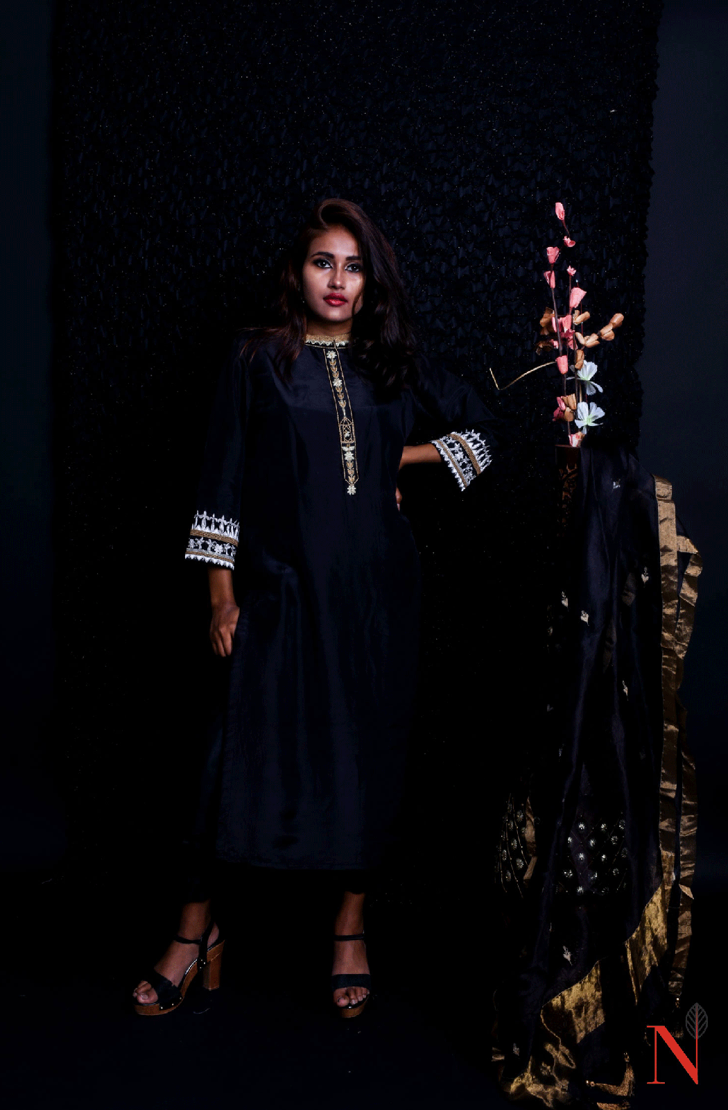 Black Pure Mudal Silk Hand Embroidered Suit Set - Naksheband