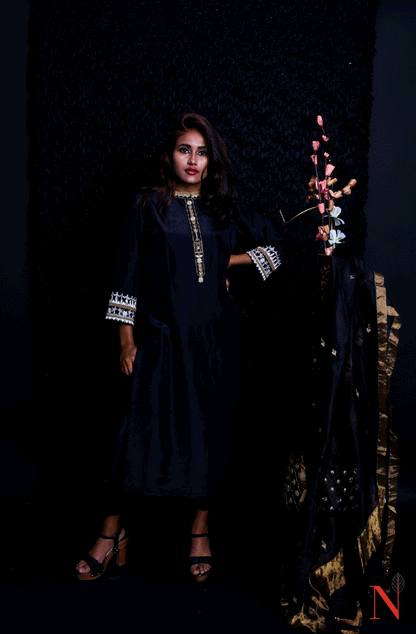 Black Pure Mudal Silk Hand Embroidered Suit Set - Naksheband