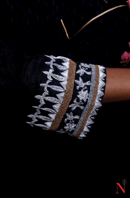 Black Pure Mudal Silk Hand Embroidered Suit Set - Naksheband