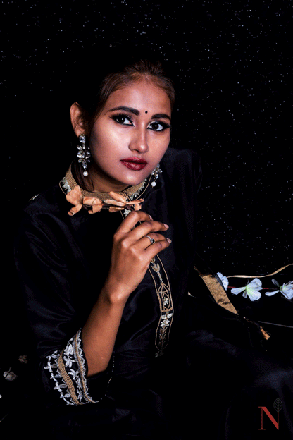 Black Pure Mudal Silk Hand Embroidered Suit Set - Naksheband
