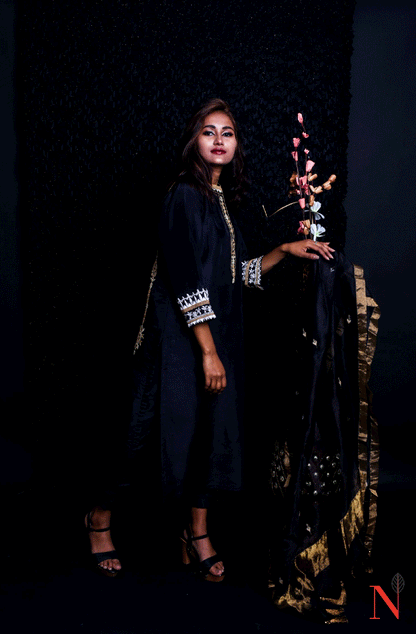Black Pure Mudal Silk Hand Embroidered Suit Set - Naksheband