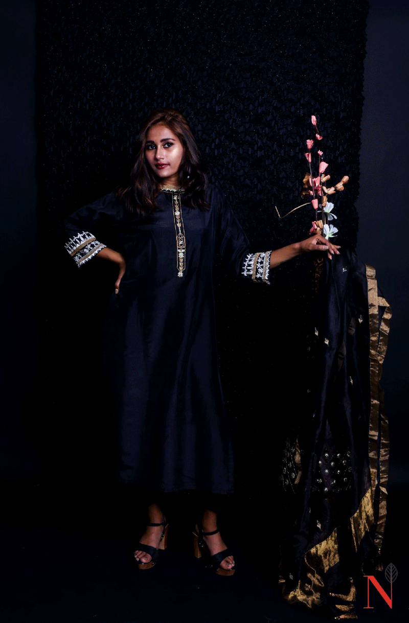 Black Pure Mudal Silk Hand Embroidered Suit Set - Naksheband