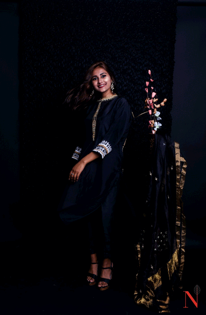 Black Pure Mudal Silk Hand Embroidered Suit Set - Naksheband