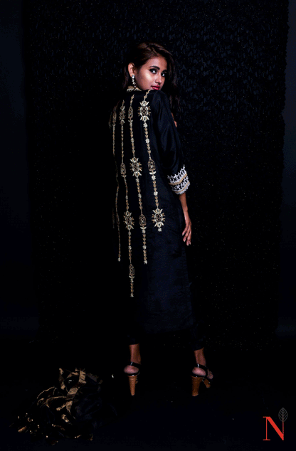 Black Pure Mudal Silk Hand Embroidered Suit Set - Naksheband