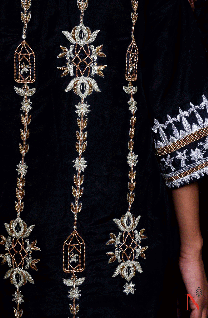 Black Pure Mudal Silk Hand Embroidered Suit Set - Naksheband