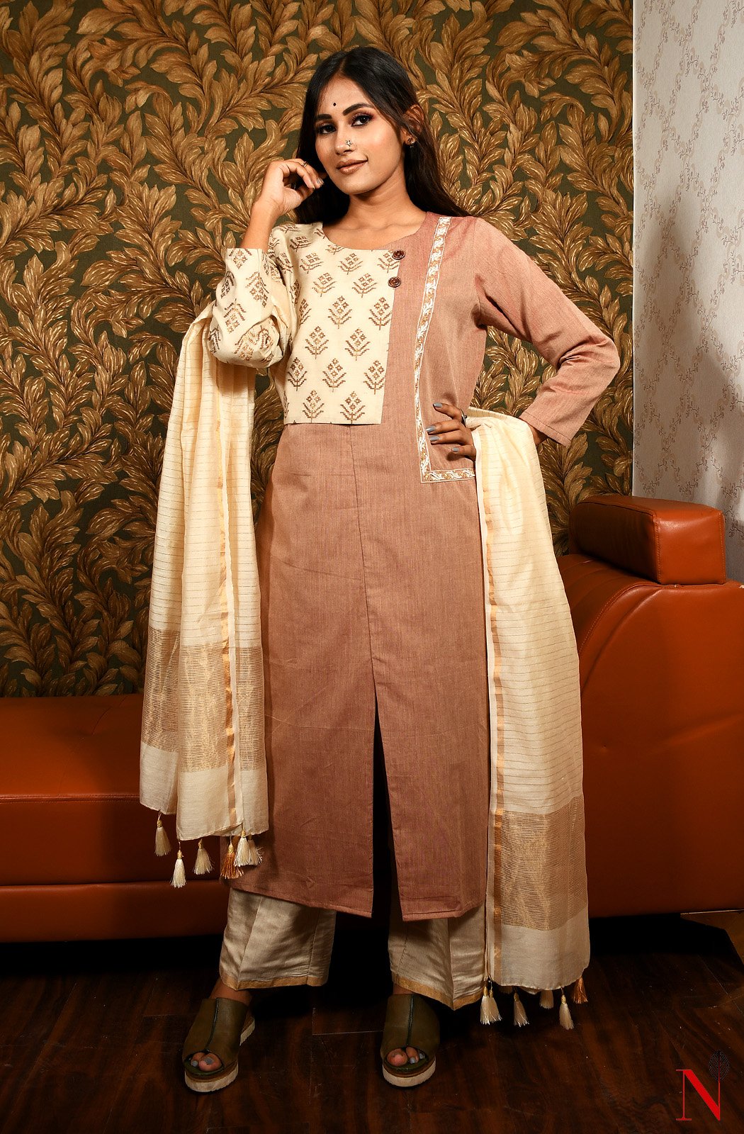 Brown & Cream Pure Cotton Hand Embroidered Suit Set - Naksheband