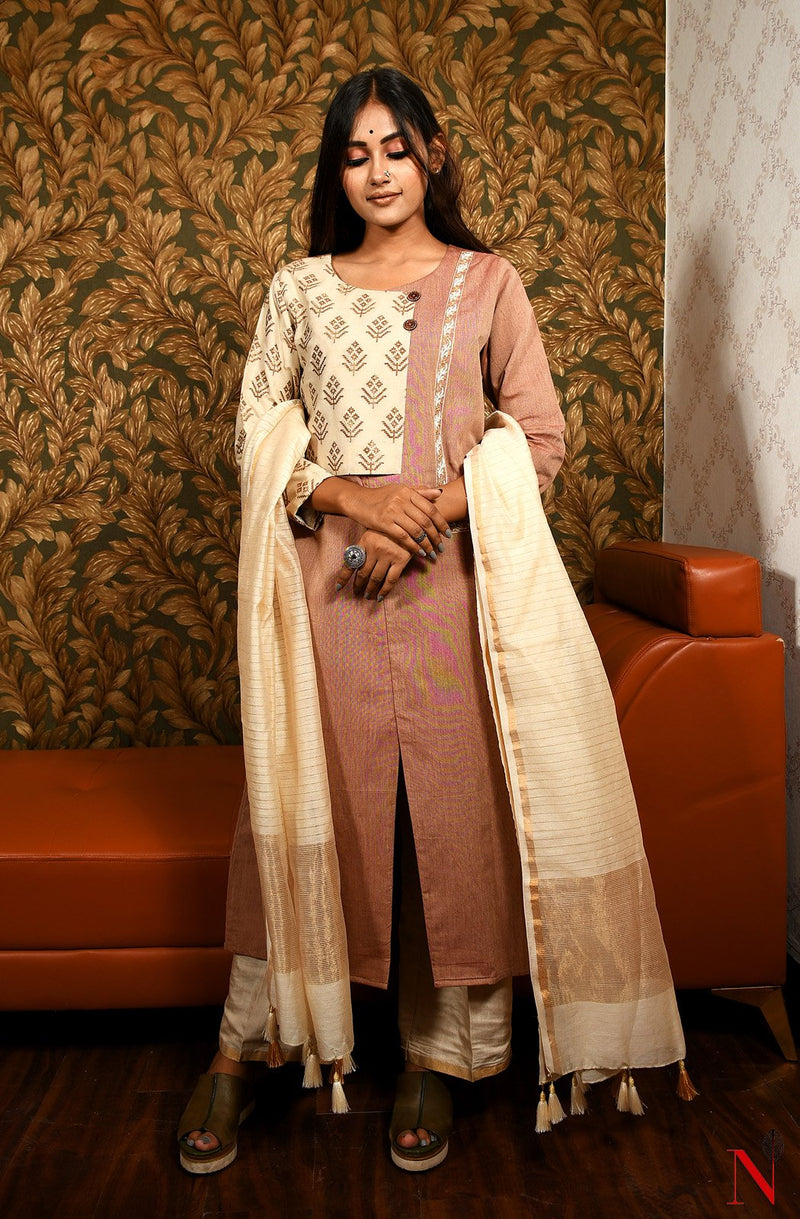 Brown & Cream Pure Cotton Hand Embroidered Suit Set - Naksheband