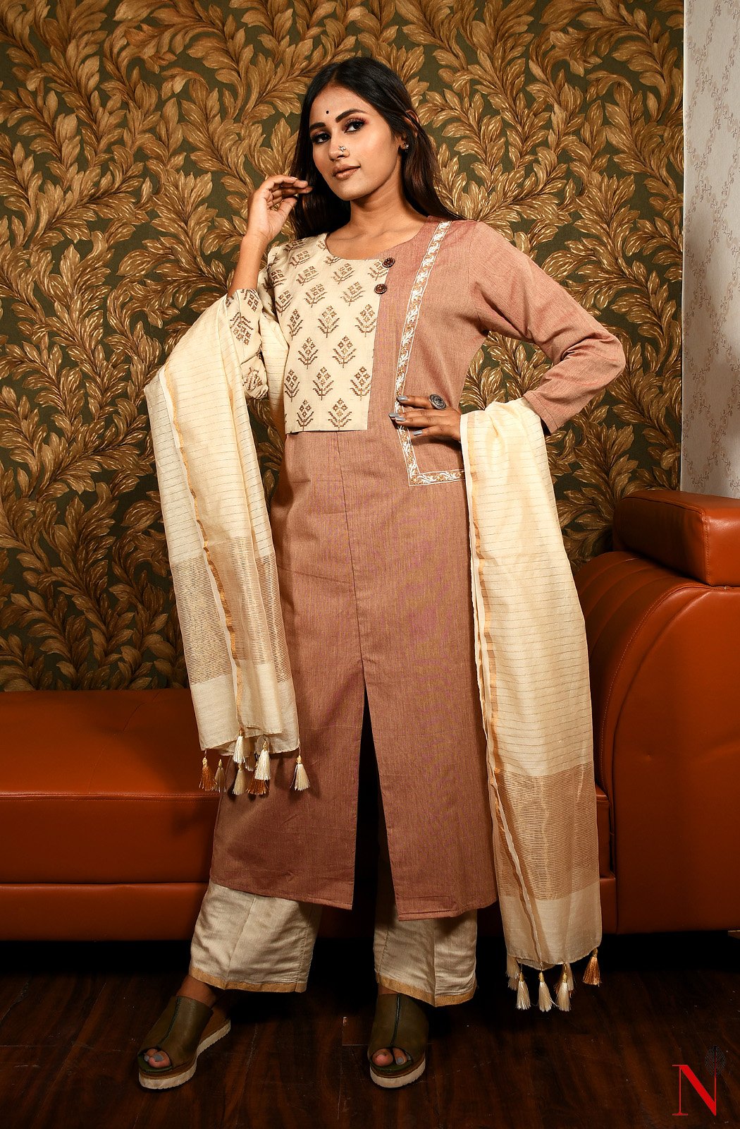 Brown & Cream Pure Cotton Hand Embroidered Suit Set - Naksheband
