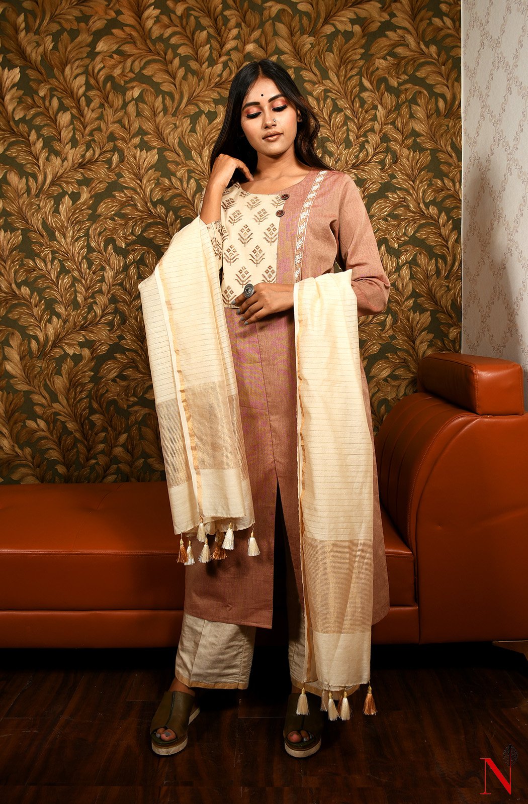 Brown & Cream Pure Cotton Hand Embroidered Suit Set - Naksheband