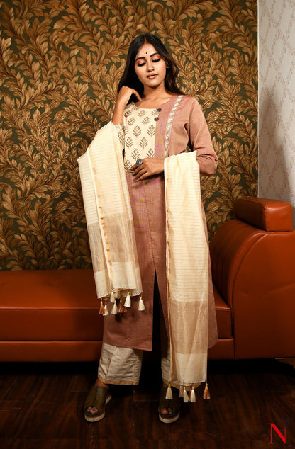 Brown & Cream Pure Cotton Hand Embroidered Suit Set - Naksheband