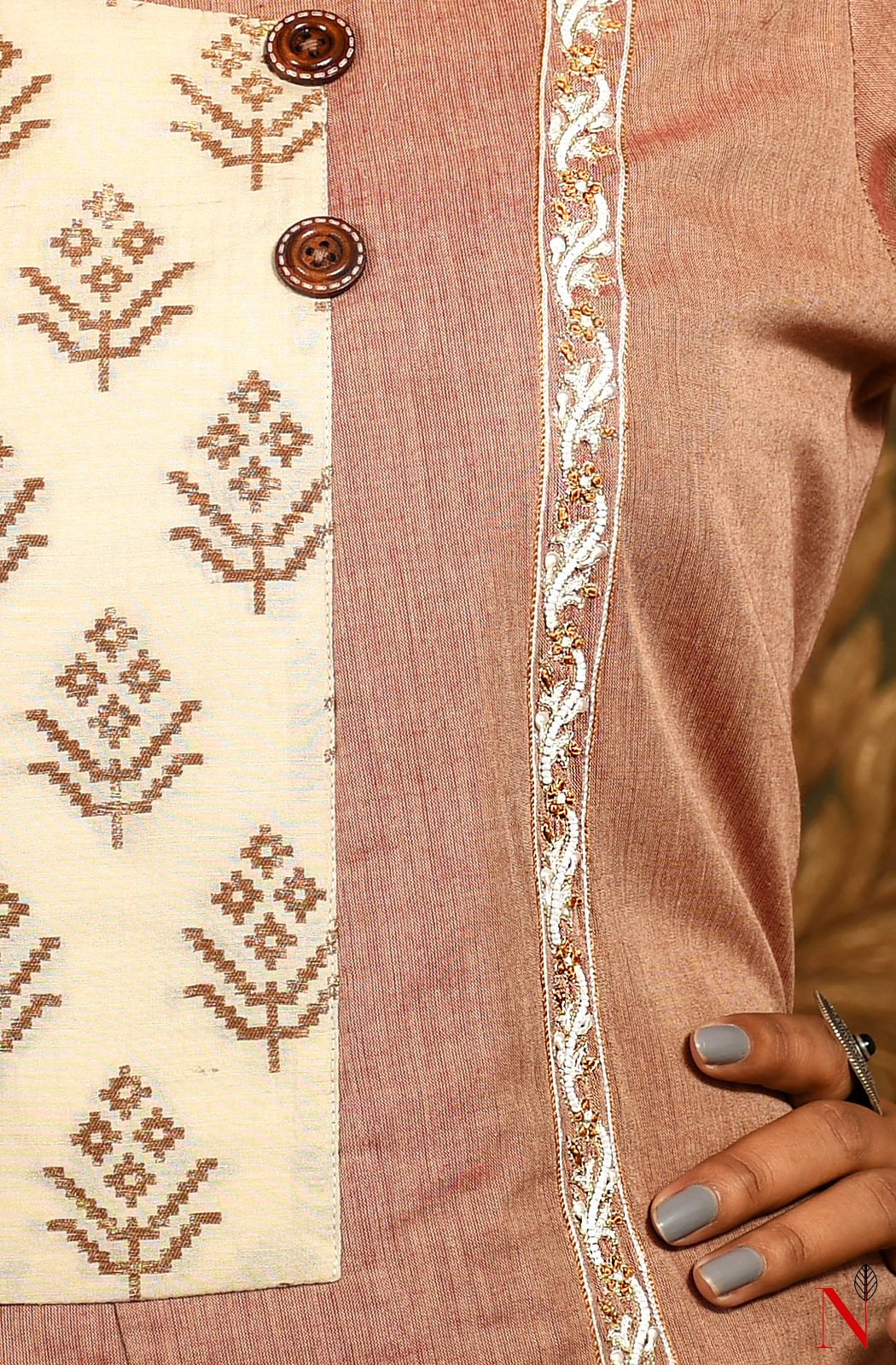 Brown & Cream Pure Cotton Hand Embroidered Suit Set - Naksheband