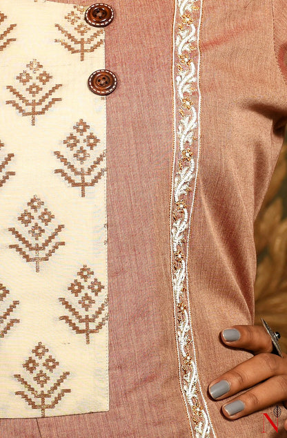 Brown & Cream Pure Cotton Hand Embroidered Suit Set - Naksheband