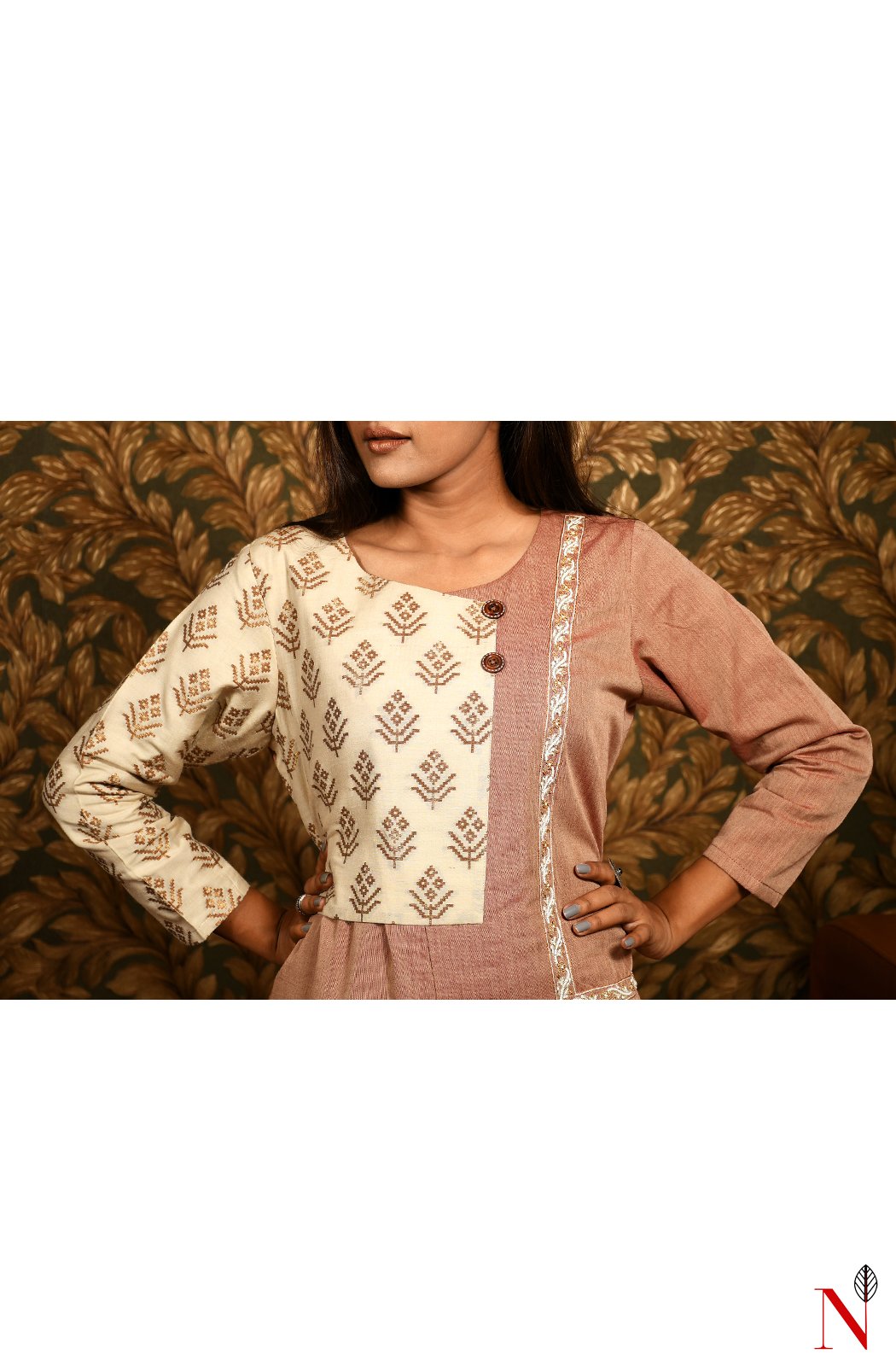 Brown & Cream Pure Cotton Hand Embroidered Suit Set - Naksheband