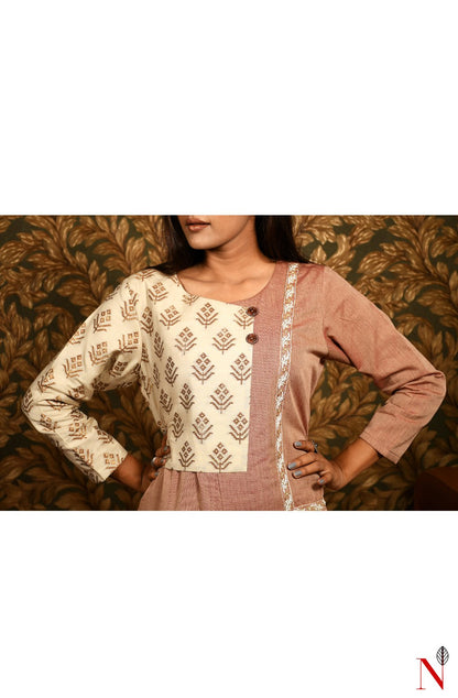 Brown & Cream Pure Cotton Hand Embroidered Suit Set - Naksheband