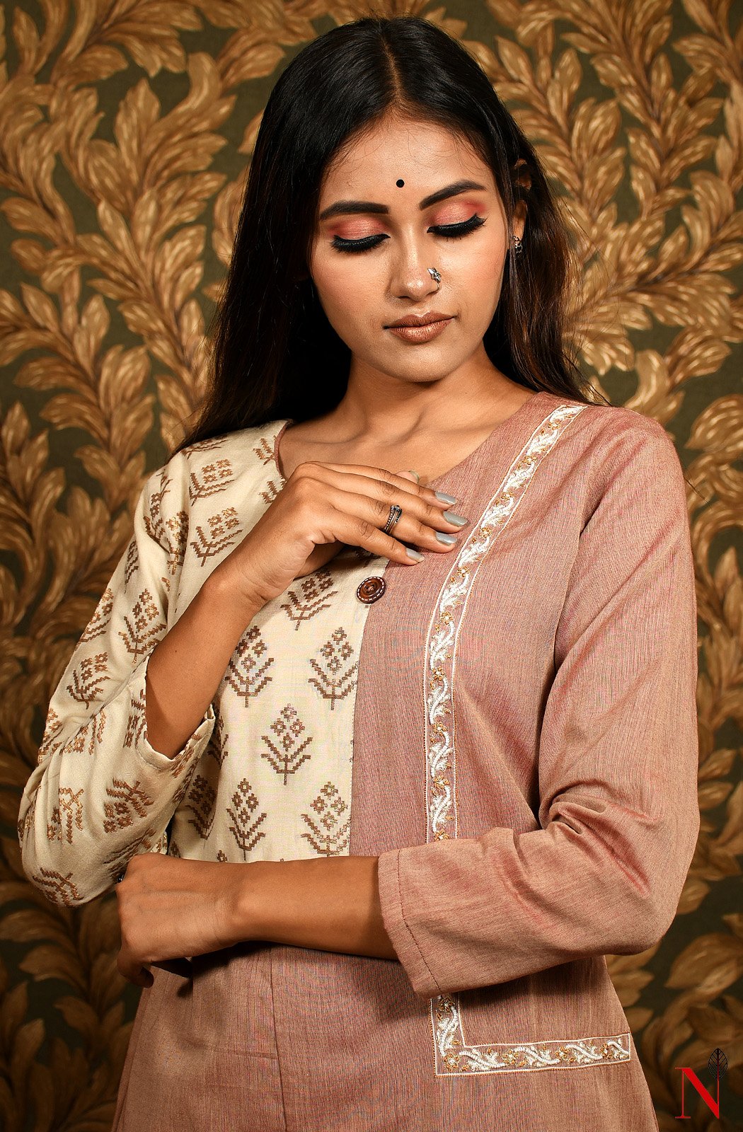 Brown & Cream Pure Cotton Hand Embroidered Suit Set - Naksheband