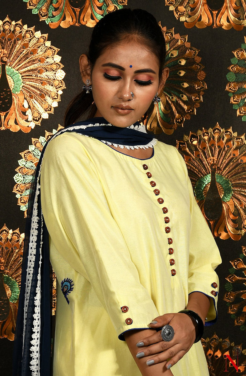 Light Yellow Pure Cotton Chanderi Hand Embroidered Suit Set - Naksheband