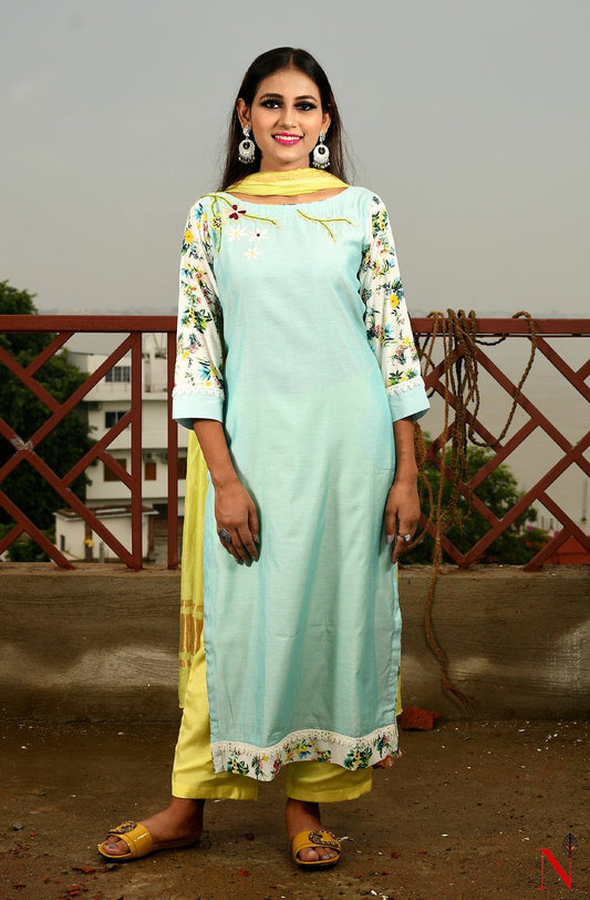 Light Turquoise Pure Silk Chanderi Hand Embroidered Suit Set - Naksheband