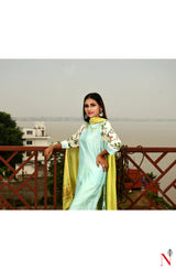 Light Turquoise Pure Silk Chanderi Hand Embroidered Suit Set - Naksheband