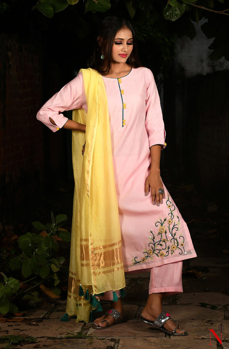 Pink Pure Silk Chanderi Hand Embroidered Suit Set - Naksheband