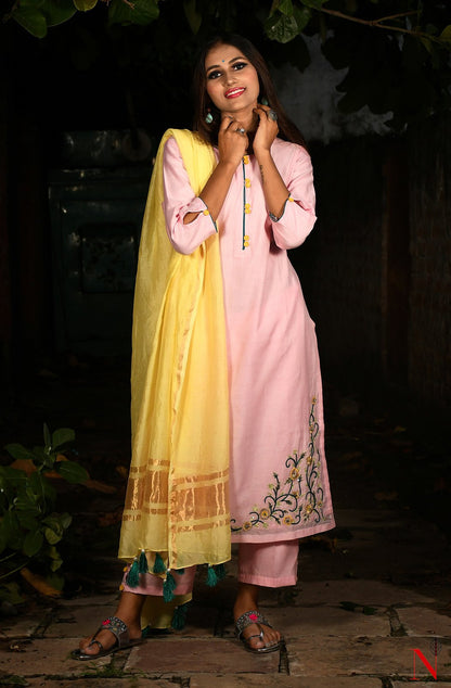 Pink Pure Silk Chanderi Hand Embroidered Suit Set - Naksheband