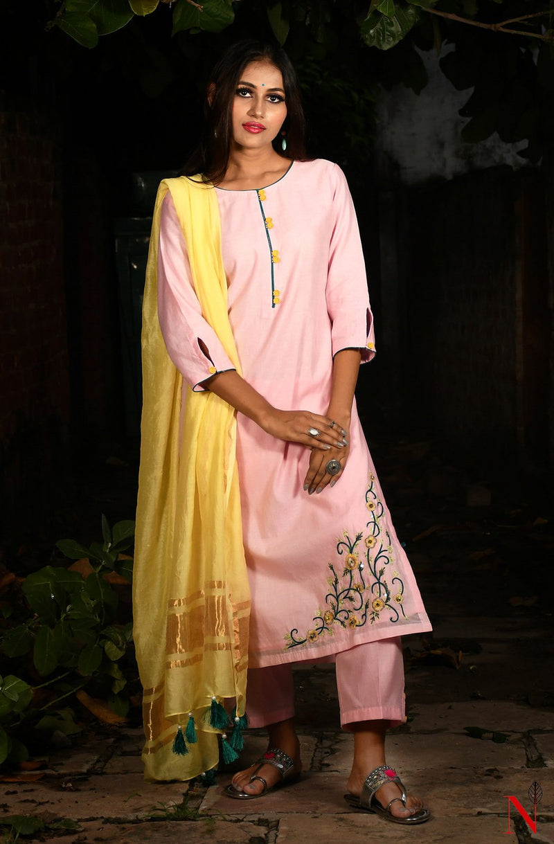 Pink Pure Silk Chanderi Hand Embroidered Suit Set - Naksheband