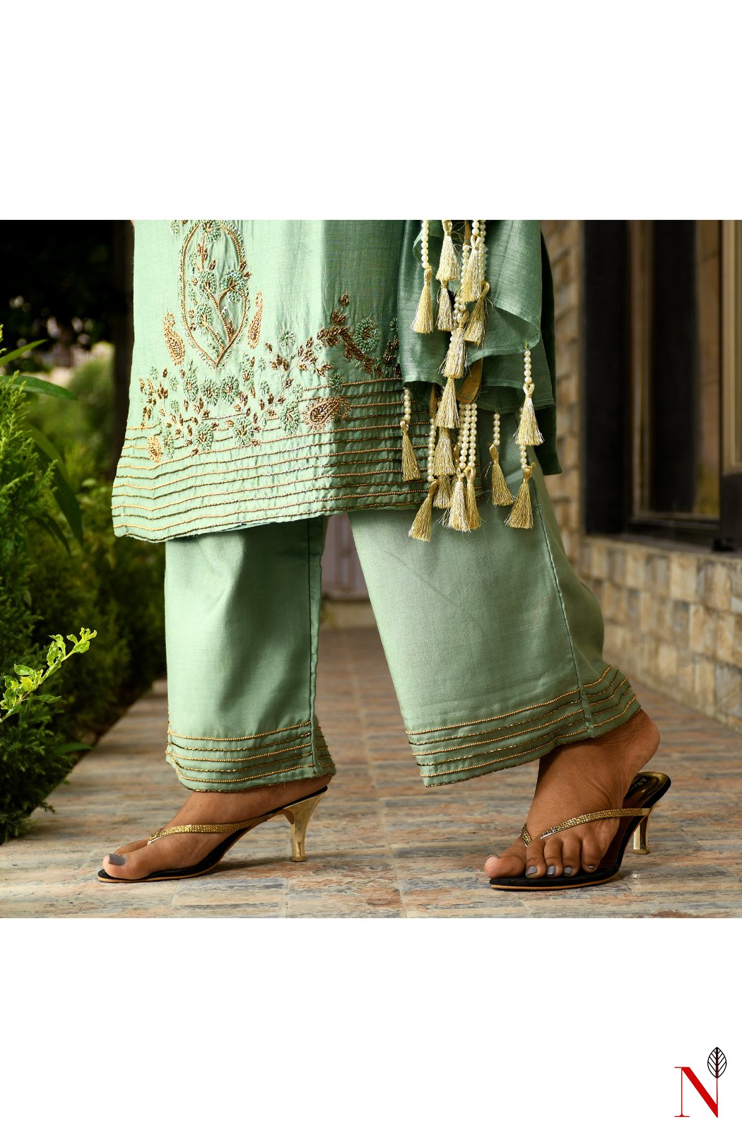 Pista Green Pure Muga Hand Embroidered Suit Set - Naksheband