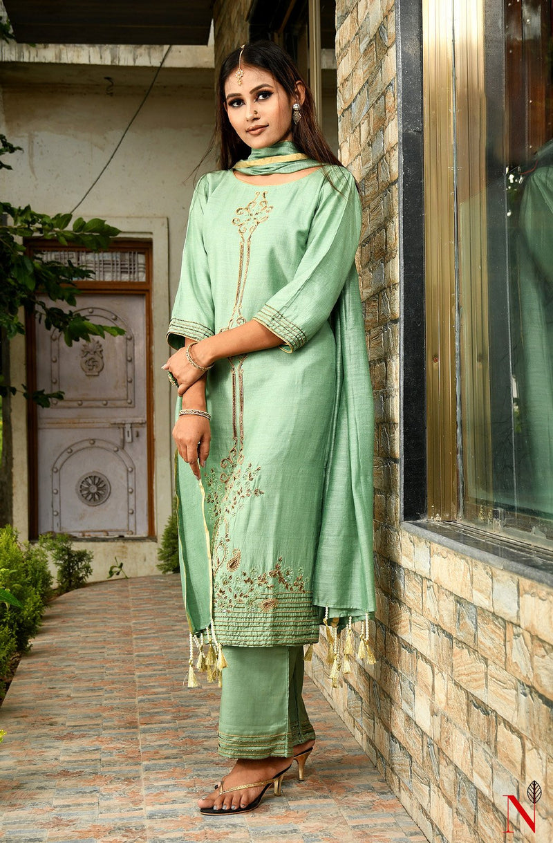Pista Green Pure Muga Hand Embroidered Suit Set - Naksheband