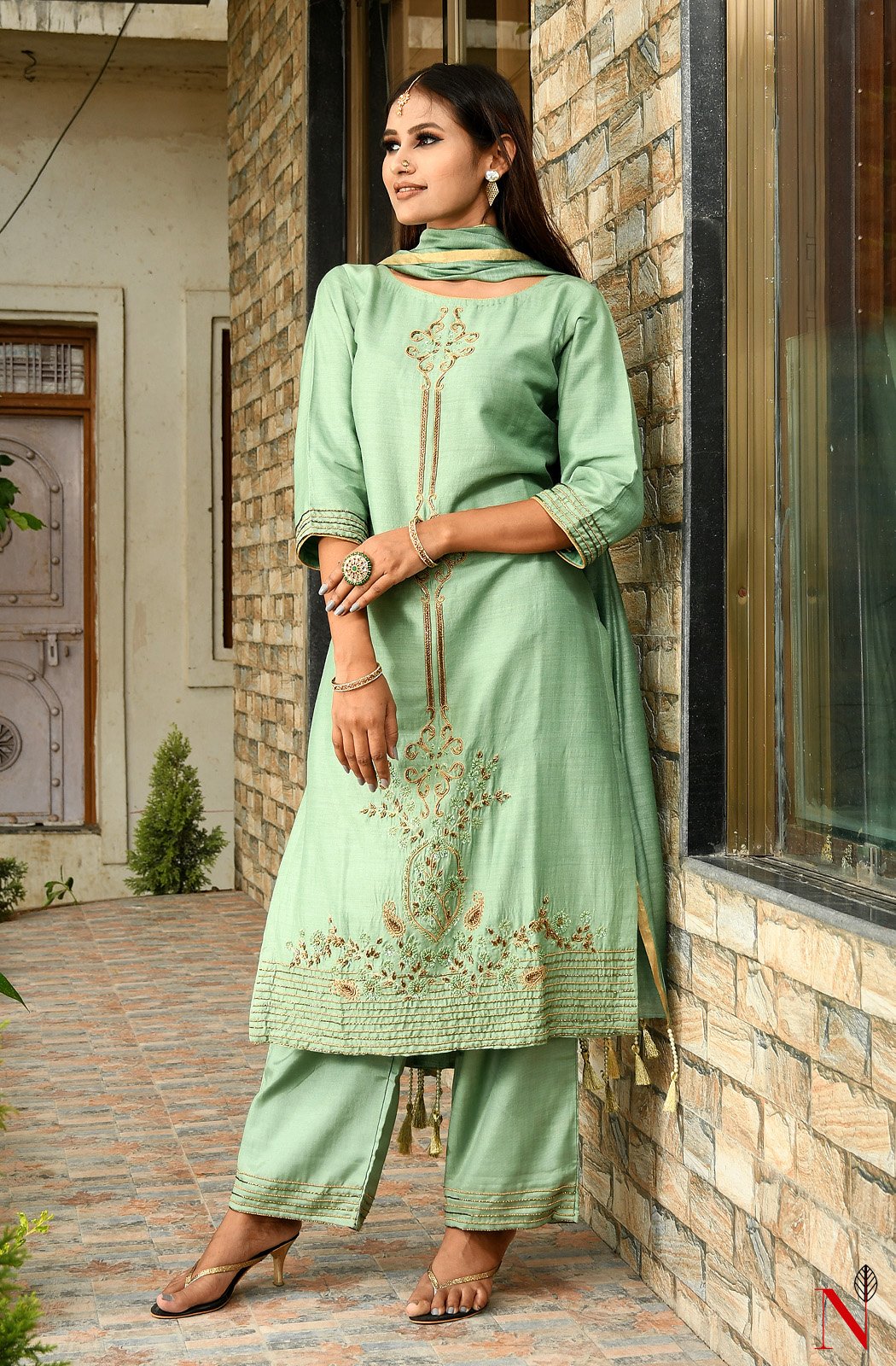Pista Green Pure Muga Hand Embroidered Suit Set - Naksheband