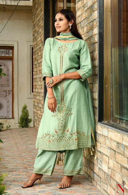 Pista Green Pure Muga Hand Embroidered Suit Set - Naksheband