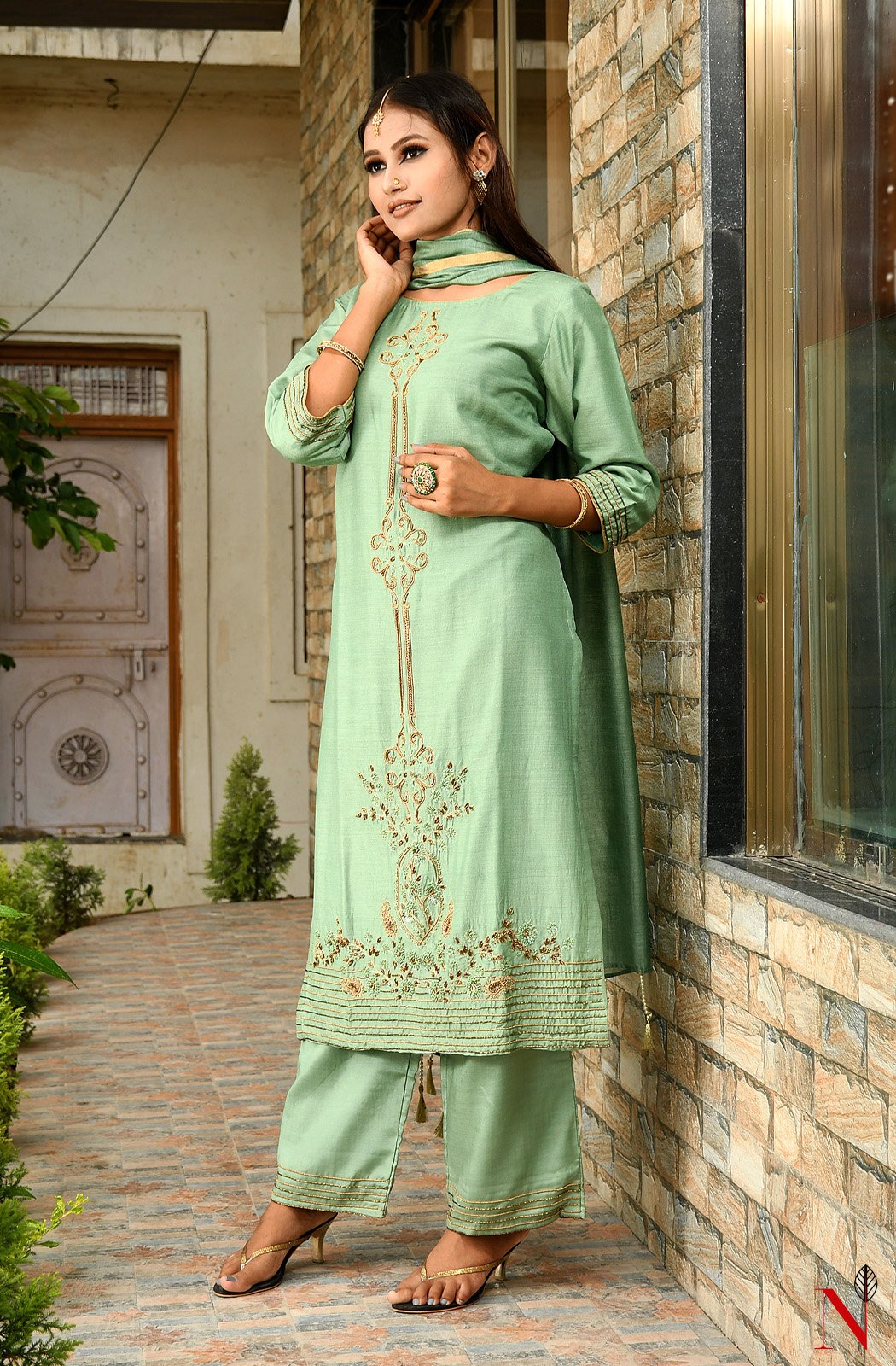 Pista Green Pure Muga Hand Embroidered Suit Set - Naksheband