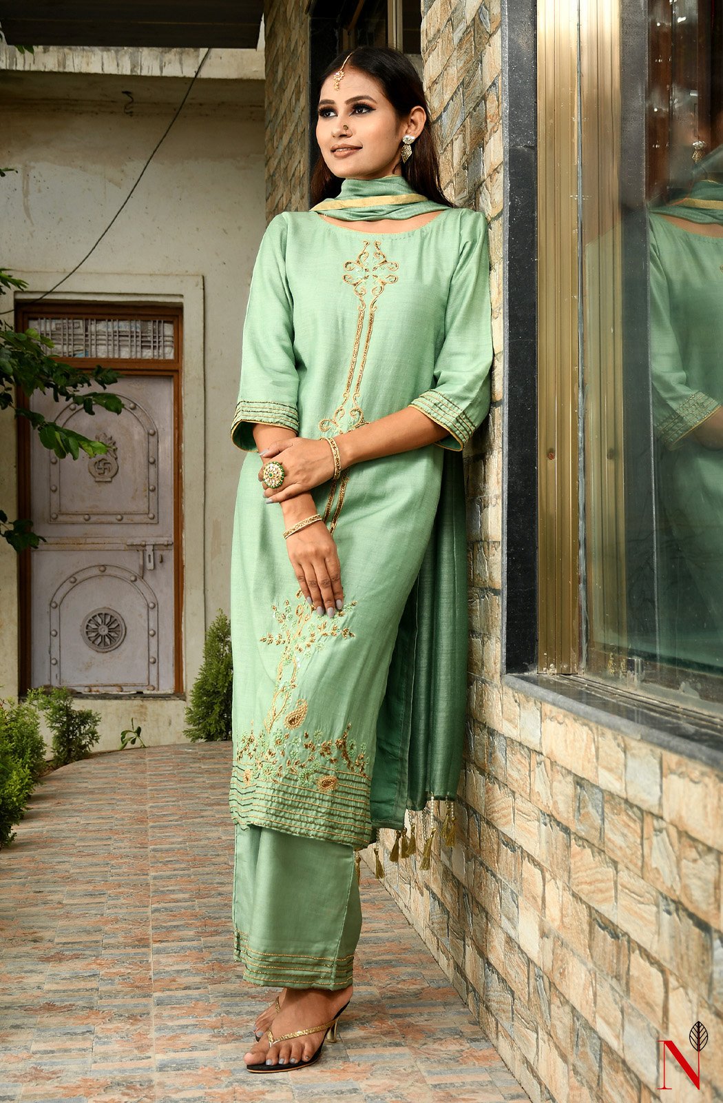 Pista Green Pure Muga Hand Embroidered Suit Set - Naksheband