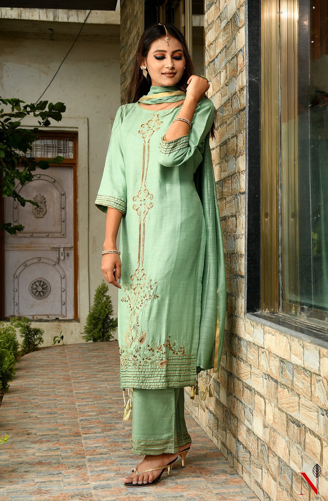 Pista Green Pure Muga Hand Embroidered Suit Set - Naksheband