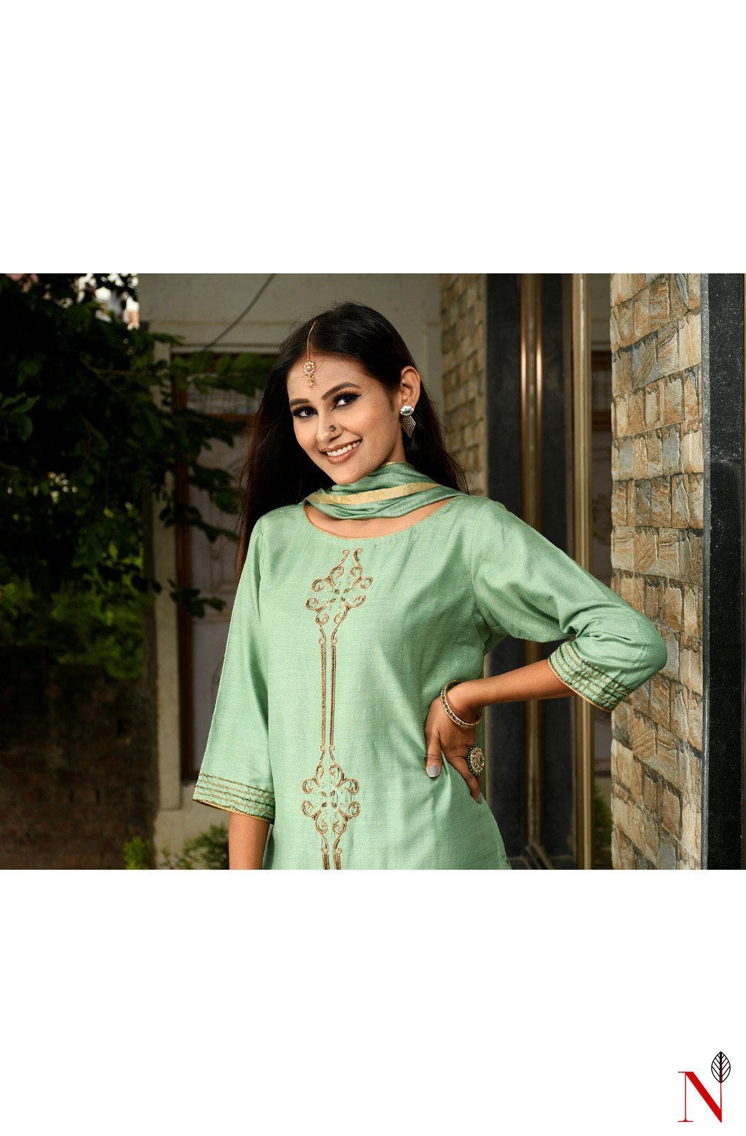 Pista Green Pure Muga Hand Embroidered Suit Set - Naksheband