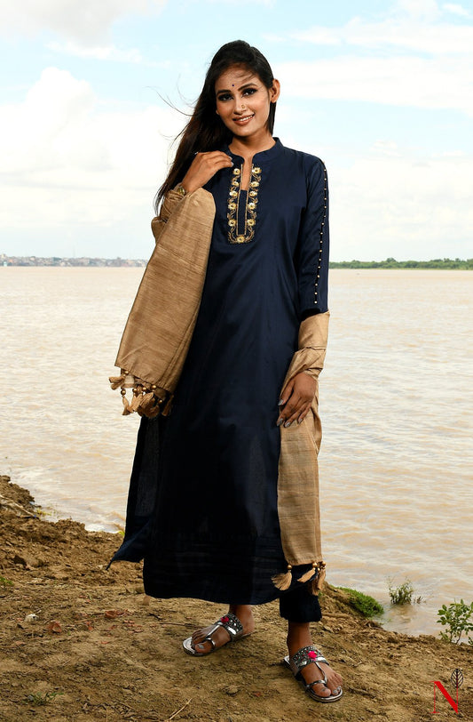 Navy Blue Pure Silk Chanderi Hand Embroidered Suit Set - Naksheband