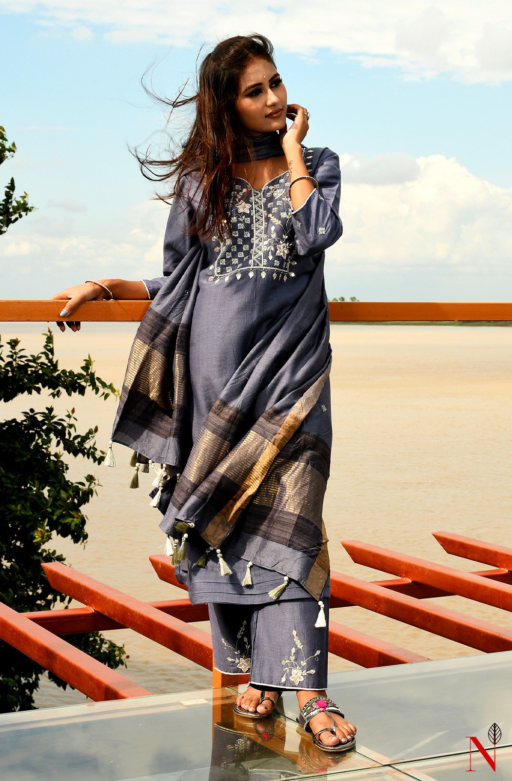 Grey Pure Muga Hand Embroidered Suit Set - Naksheband