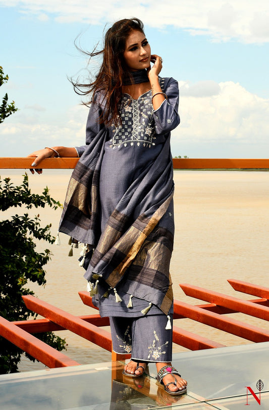Grey Pure Muga Hand Embroidered Suit Set - Naksheband