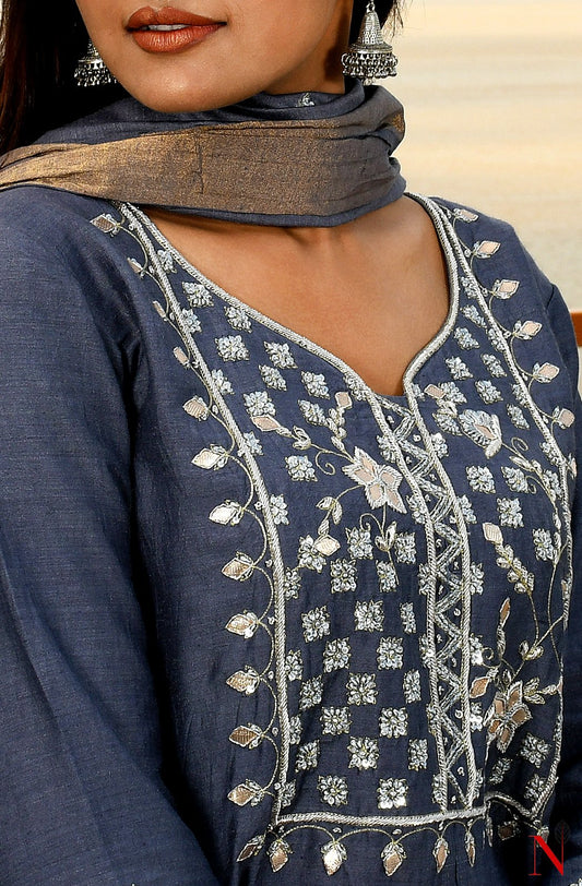 Grey Pure Muga Hand Embroidered Suit Set - Naksheband