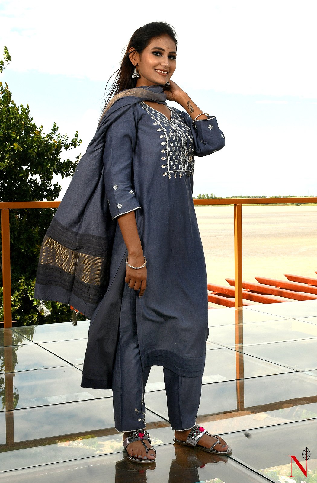 Grey Pure Muga Hand Embroidered Suit Set - Naksheband