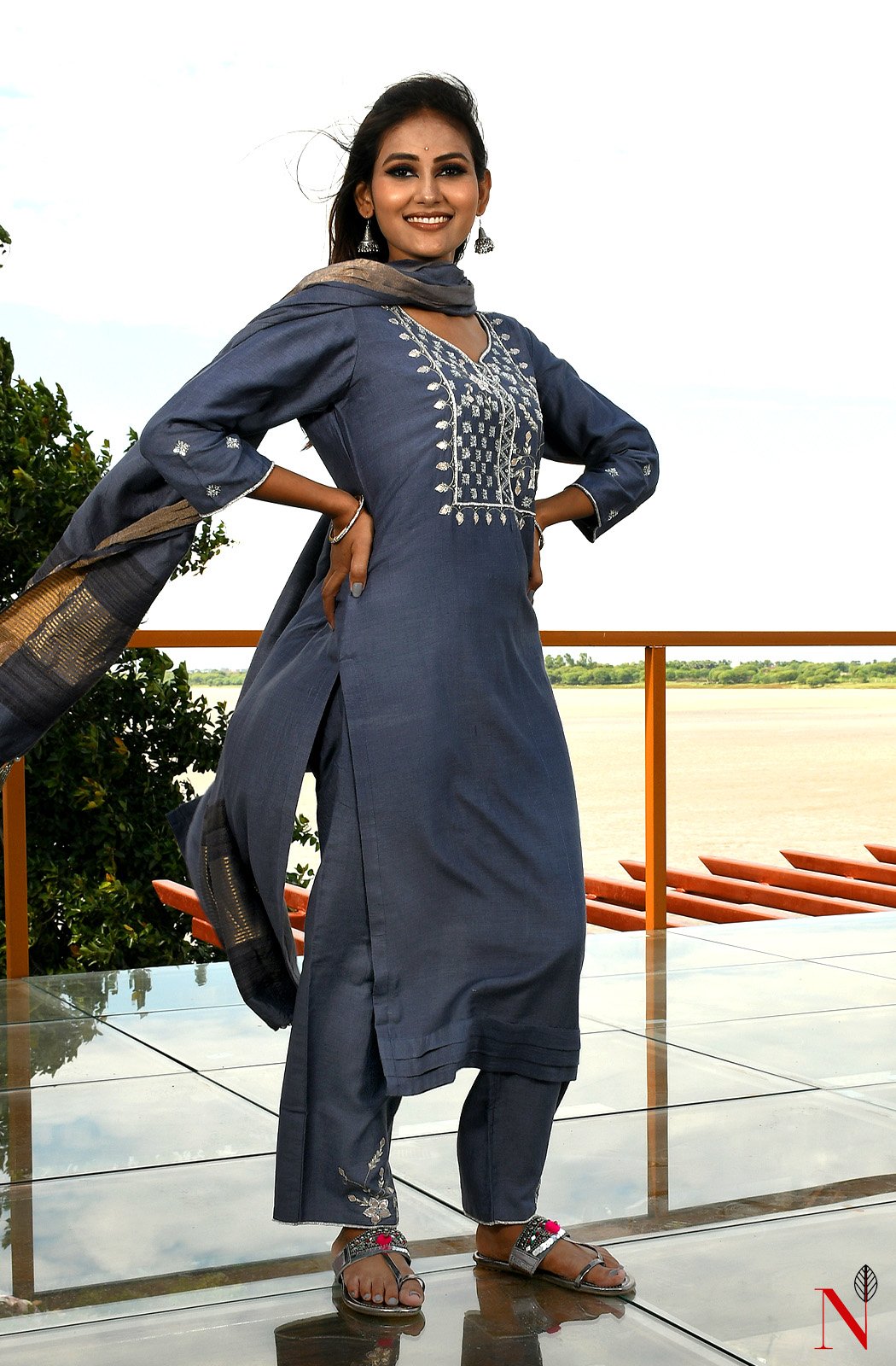 Grey Pure Muga Hand Embroidered Suit Set - Naksheband