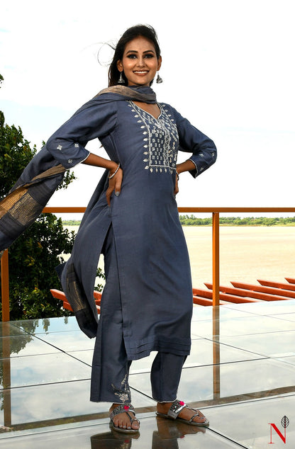 Grey Pure Muga Hand Embroidered Suit Set - Naksheband