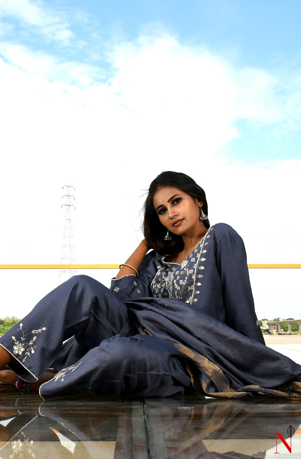 Grey Pure Muga Hand Embroidered Suit Set - Naksheband