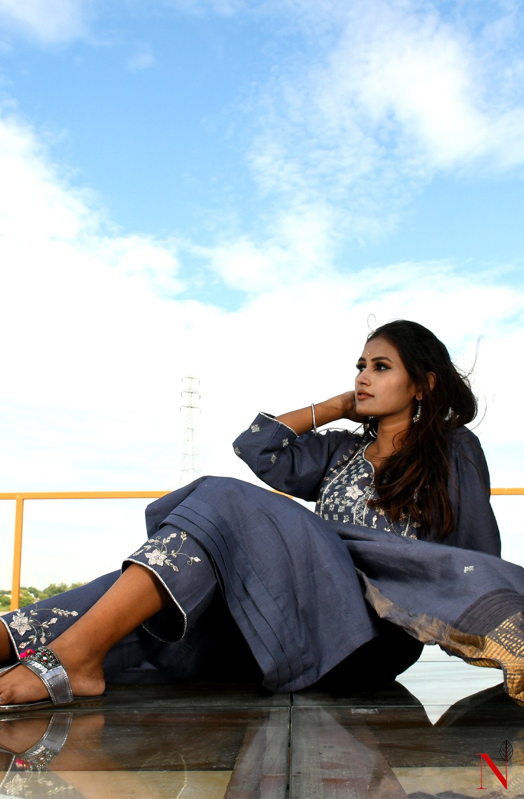 Grey Pure Muga Hand Embroidered Suit Set - Naksheband