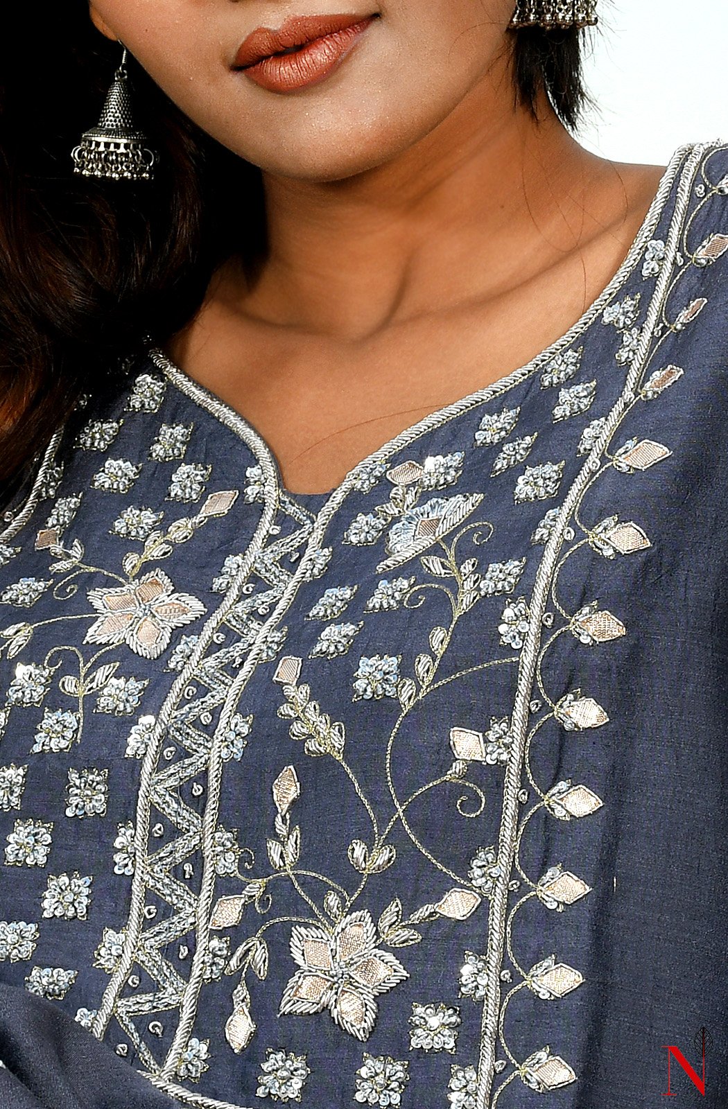 Grey Pure Muga Hand Embroidered Suit Set - Naksheband