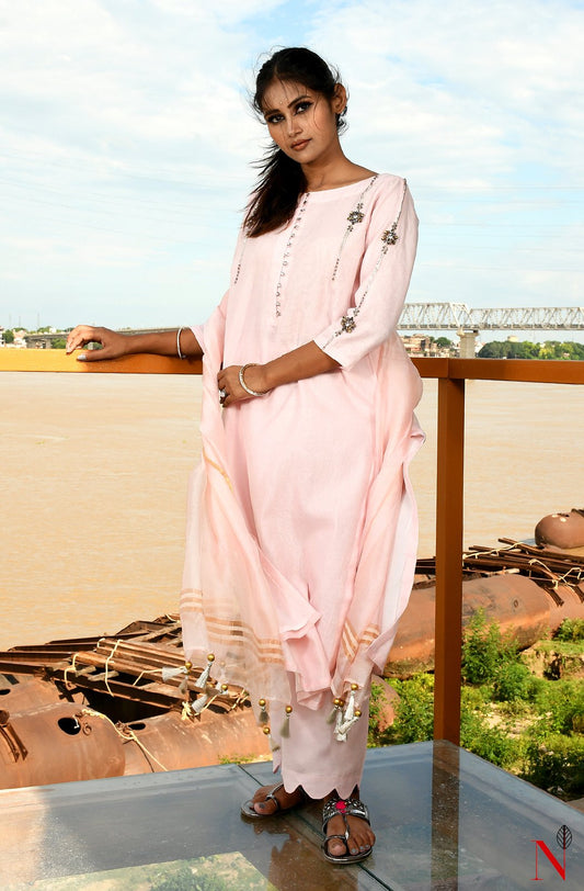 Pink Pure Silk Chanderi Hand Embroidered Suit Set - Naksheband