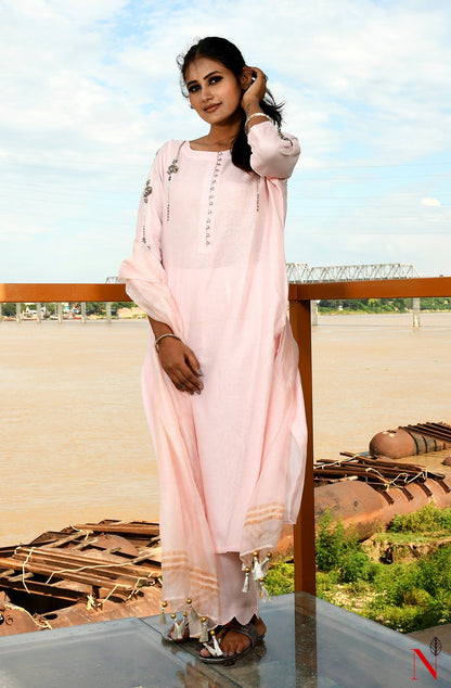 Pink Pure Silk Chanderi Hand Embroidered Suit Set - Naksheband