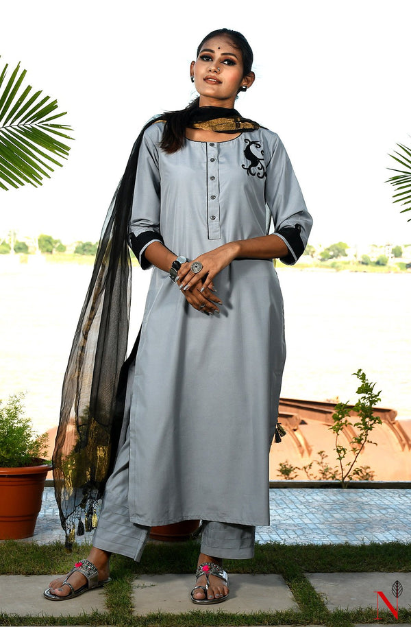 Grey Pure Cotton Hand Embroidered Suit Set - Naksheband