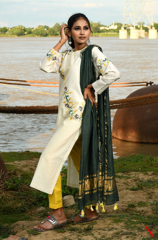 Cream Pure Silk Chanderi Hand Embroidered Suit Set - Naksheband