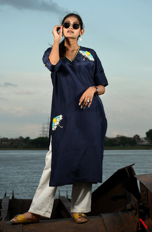 Navy Blue Uppada Silk Hand Embroidered Suit Set - Naksheband