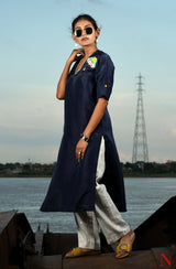 Navy Blue Uppada Silk Hand Embroidered Suit Set - Naksheband