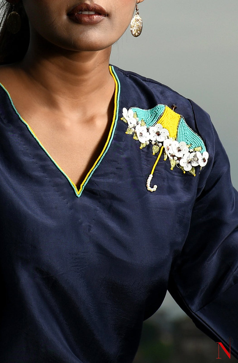 Navy Blue Uppada Silk Hand Embroidered Suit Set - Naksheband